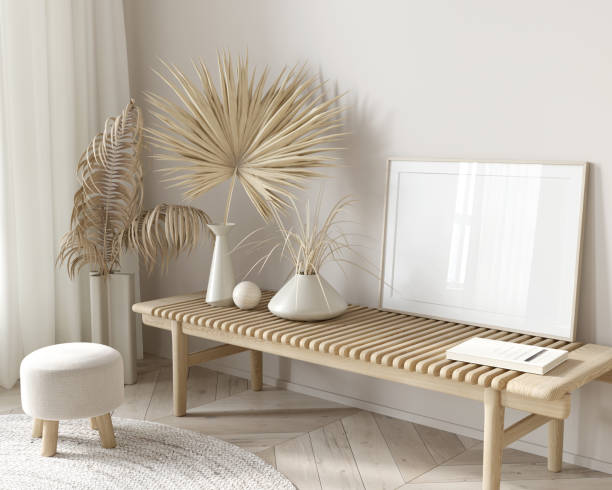 istock mockup with a horizontal frame on a bench in a beige interior 1368577996