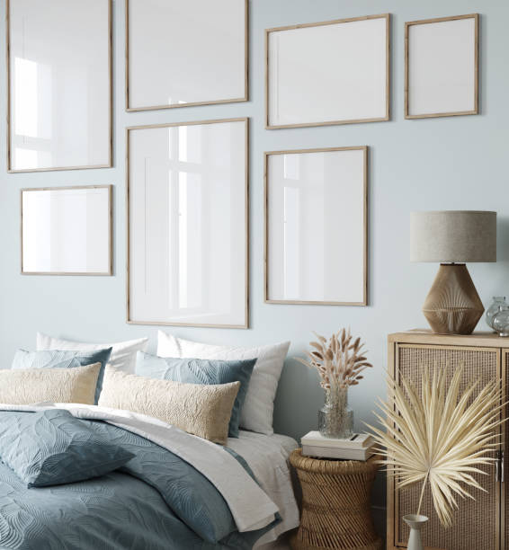 istock frame mockup in the interior in the Boho style with a blue bed 1368578029
