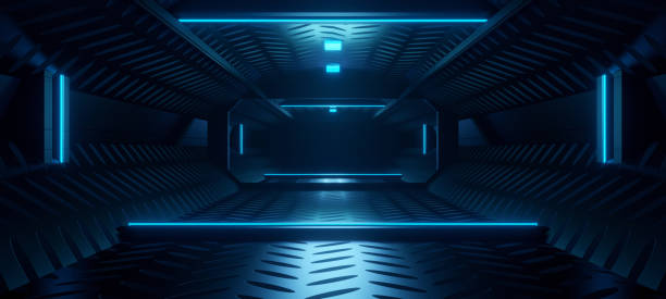 istock Empty Metallic Cement Digital Technology Background Innovative Neon Glowing with Dark Cyan Colors Spaceship Architecture Used For Reveals 1368578881