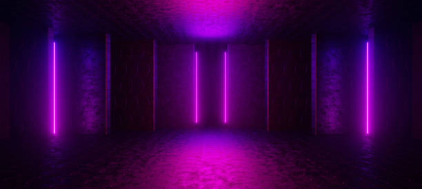 istock Sci-Fi Abstract Blue And Purple Neon Light Shapes On Black Background With Empty Space For Text 3D Rendering 1368579584