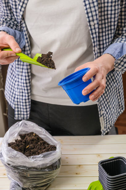 istock Woman fills a small seedling pot with soil with a shovel. 1368580430