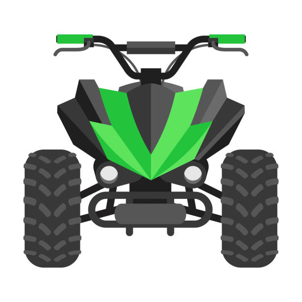 Quad bike in green color and front view Quad bike isolated in front view. Four-wheeled motorcycle in flat style - isolated ivector illustration motorcycle 4 wheels stock illustrations