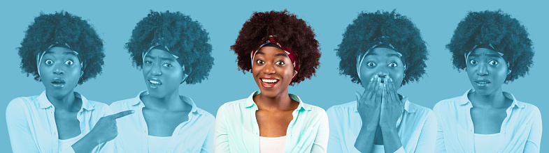Portrait Of Attractive Young African American Woman With Curly Hair, Millennial Black Lady Showing Diverse Positive And Negative Emotions, Blue Studio Background, Panorama, Collage