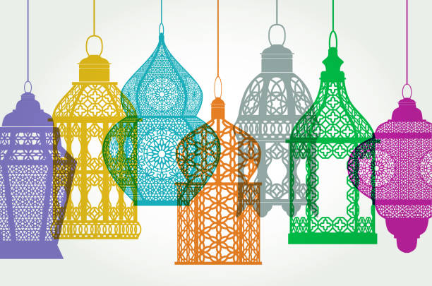 Islamic Lanterns Colourful overlapping silhouettes of Ramadan Lanterns. Ramadan, Ramadan Kareem, Eid-Ul-Fitr, Islam, Fasting - Activity, arabic pattern stock illustrations