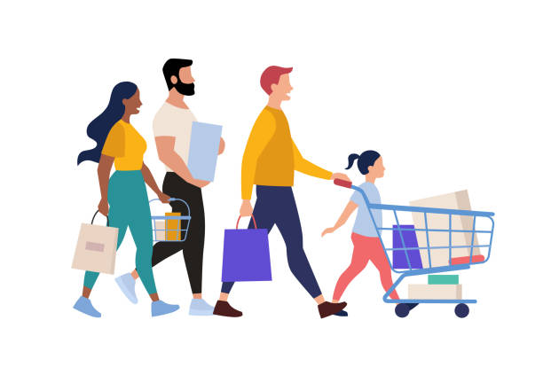 flache vektordarstellung einer gruppe von personen, die isoliert auf weißem hintergrund einkaufen - shopping stock-grafiken, -clipart, -cartoons und -symbole