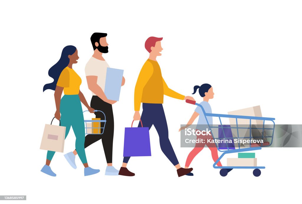 Flat vector illustration of group of people shopping isolated on white background - 免版稅逛街圖庫向量圖形