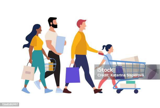 Flat Vector Illustration Of Group Of People Shopping Isolated On White Background向量圖形及更多逛街圖片