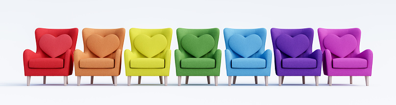 Rainbow colors Armchairs with heart shaped pillows on white background 3d render 3d illustration