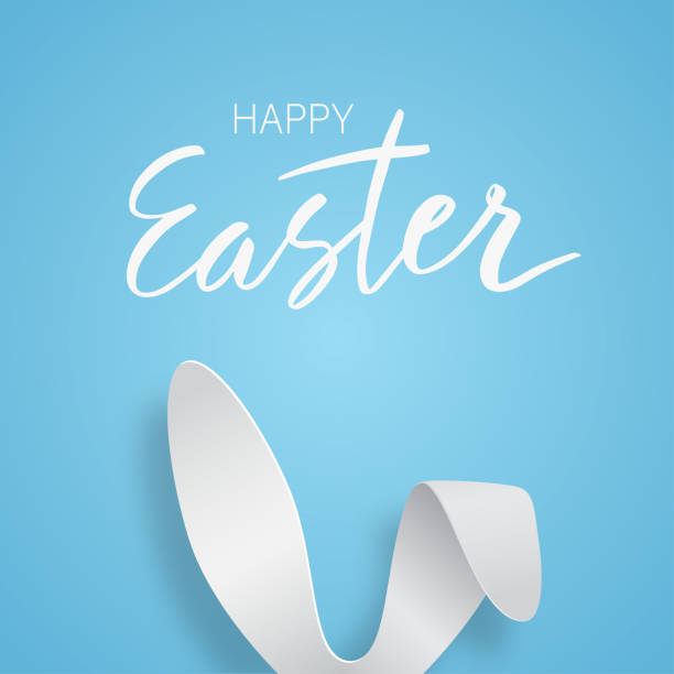 Happy Easter greeting card with bunny ears. Vector 3d abstract paper cut illustration. Happy Easter greeting card with bunny ears. Vector 3d abstract paper cut illustration. Festive design with Cute Easter rabbit with lettering on blue background. Banner, poster, flyer cover, brochure. funny ear stock illustrations