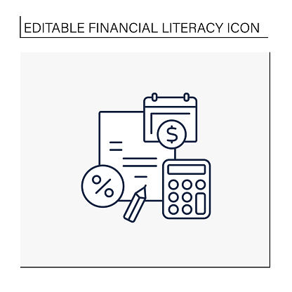 Budget plan line icon.Evaluating earnings and expenses. Accumulations. Financial plan for defined period, storm future goals.Financial literacy concept. Isolated vector illustration. Editable stroke