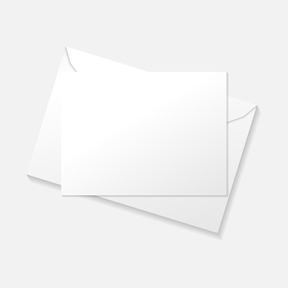 White greeting card on envelope flat lay top view mockup template. Isolated on white background with shadow. Ready to use for your design or business. Vector illustration.
