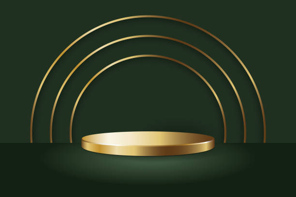 istock Gold round podium display stand mockup template with gold circle lines on green floor and background with shadow. 1368589419