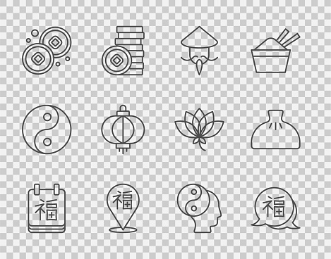 Set line Chinese New Year Asian or conical straw hat Yuan currency paper lantern Yin Yang symbol and Dumpling icon. Vector.