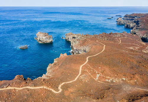 Aerial view of coastal tekking path near Arco de la Tosca - El Hierro (Canary Islands)