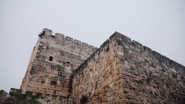 Jerusalem old city wall, View of the wall of the Old City of Jerusalem, wide angle, panorama, Israel in winter