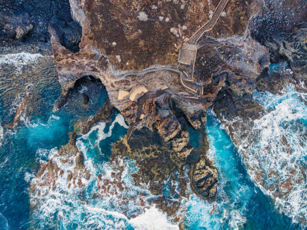 Aerial view of rocky beach Playa Charco los Sargos at El Hierro, Canary Islands Aerial view of rocky beach Playa Charco los Sargos at El Hierro, Canary Islands tidal pool stock pictures, royalty-free photos & images