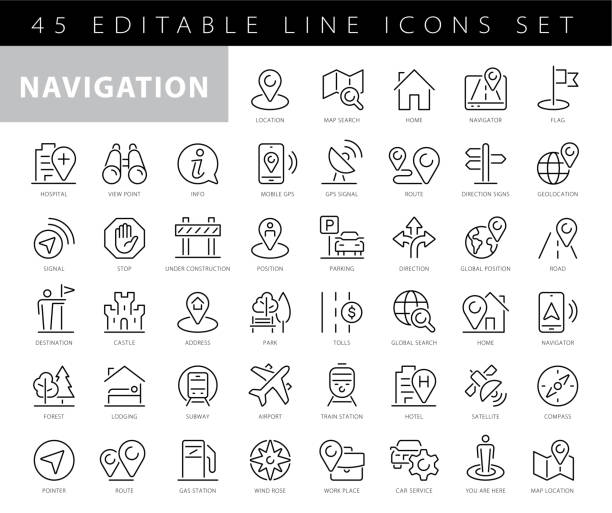 набор значков строки местоположения. компас, путешествия, глобус, карта, география, земля, расстояние, направление минимальной векторной ил - local landmark stock illustrations