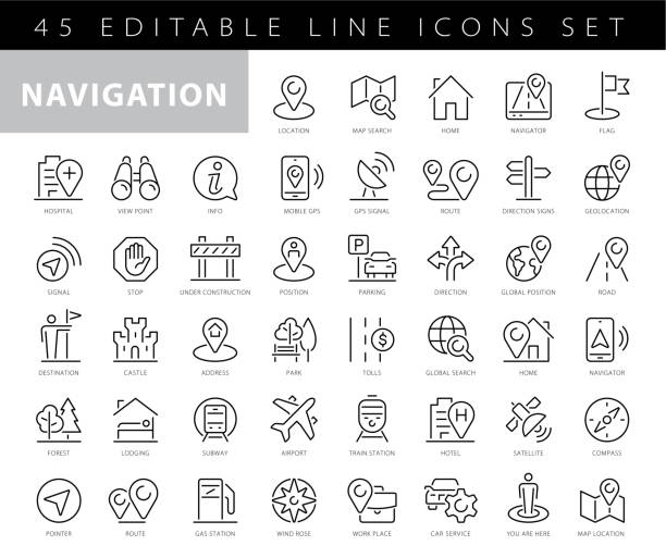 Location line icon set. Compass, travel, globe, map, geography, earth, distance, direction minimal vector illustration. Simple outline sign navigation app ui 30x30 Pixel Perfect Editable Stroke Location line icon set. Compass, travel, globe, map, geography, earth, distance, direction minimal vector illustration. Simple outline sign navigation app ui 30x30 Pixel Perfect Editable Stroke local landmark stock illustrations