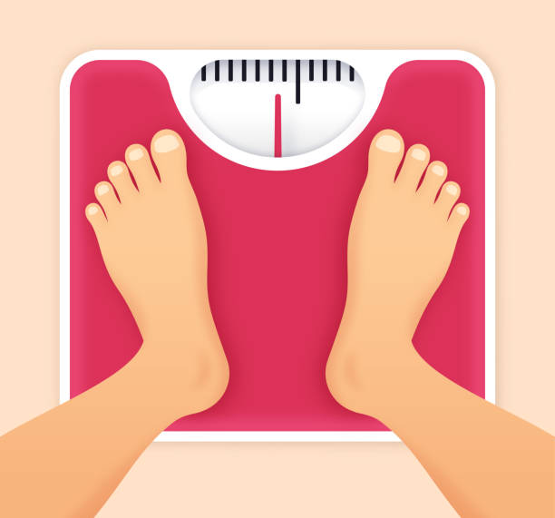 ilustraciones, imágenes clip art, dibujos animados e iconos de stock de persona de pie en una báscula de pesas pesándose a sí misma - medida de peso