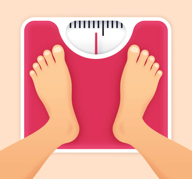 ilustrações de stock, clip art, desenhos animados e ícones de person standing on a weight scale weighing themselves - weight scale dieting weight loss