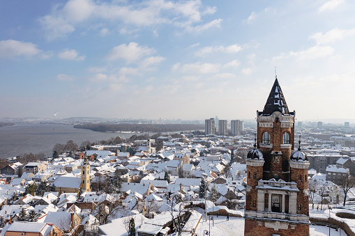 Belgrade-Zemun and Gardos tower  from above, winter time