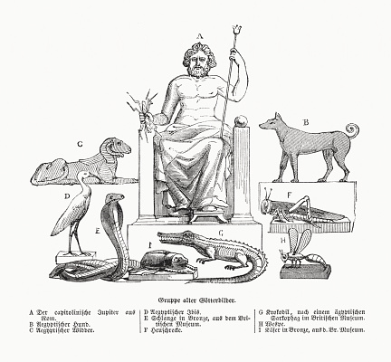 Various ancient deities: A) Jupiter (Rome); B) Anubis; C) Amon Kneph; D) Thoth; E) Meretseger (British Museum); F) Locust; G) Crocodile (British Museum); H) Wasp; I) Bronze scarab (British Museum). Wood engraving, published in 1862.