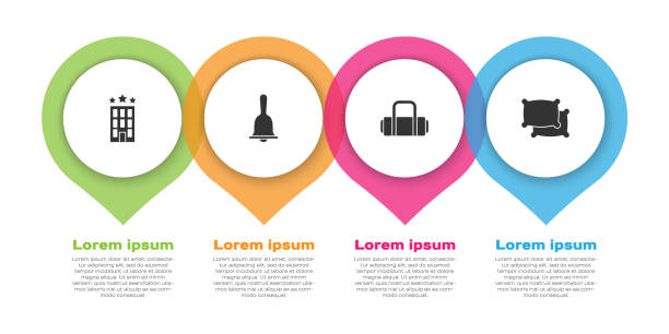 set hotelgebäude, serviceglocke, koffer und kissen. infografik-vorlage für unternehmen. vektor - service bell suitcase hotel luggage stock-grafiken, -clipart, -cartoons und -symbole