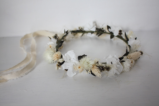 Dried and preserved flower crown. Preserved flowers are real flowers which treated to last for a few years without water.