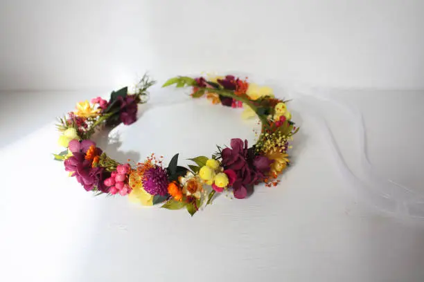 Dried and preserved flower crown for a flower girl. Preserved flowers are real flowers which treated to last for a few years without water.