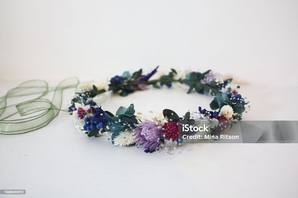 Flower crown - blue purple Dried and preserved flower crown. Preserved flowers are real flowers which treated to last for a few years without water. Floral Crown Stock Photo