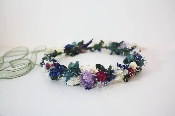 Dried and preserved flower crown. Preserved flowers are real flowers which treated to last for a few years without water.