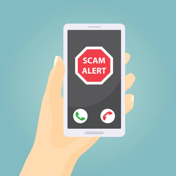 bildbanksillustrationer, clip art samt tecknat material och ikoner med scam alert on smartphone screen- vector illustration - bedrägeri telefon