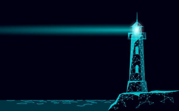 istock Lighthouse tower emit light lamps and lenses navigation for maritime pilots at sea ocean. Searchlight beam marine night low poly. Safety dangerous coastlines hazard reef rock vector illustration 1368605280
