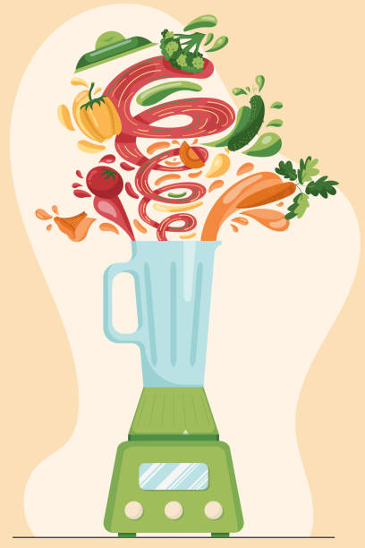 istock Making vegetables fresh smoothie in electric blender, preparation healthy organic food. Carrot, broccoli, tomato, mushroom, cucumber juice in a flat cartoon style. Vector illustration. 1368605784