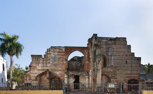 ancient ruins of the first American hospital, San Nicolás de Bari in Santo Domingo, early 16th century. Arches, columns and walls of red brick and cobblestone