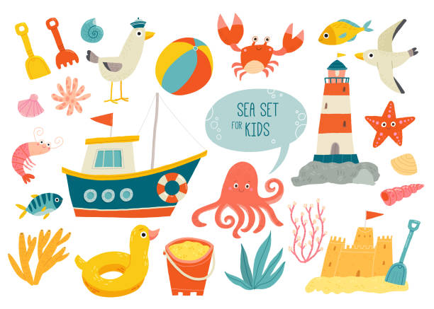 ilustrações de stock, clip art, desenhos animados e ícones de cute sea objects collection. kids beach toys. funny summer vacation elements. comic sea animals. cartoon vector hand drawn eps 10 illustration isolated on white background in a flat style. - brinquedo ilustrações