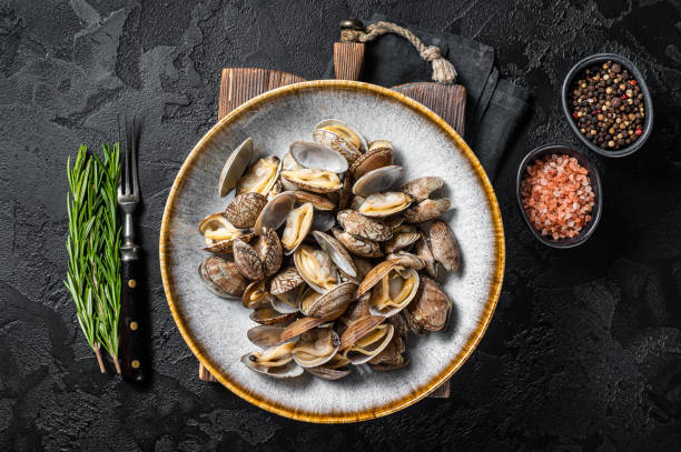 istock Steamed cooked shells Clams vongole in a plate with herbs. Black background. Top view 1368607872