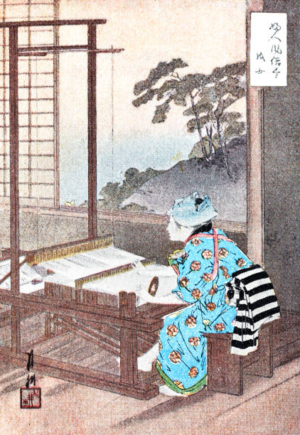 ilustrações de stock, clip art, desenhos animados e ícones de japan: girl weaving - tear