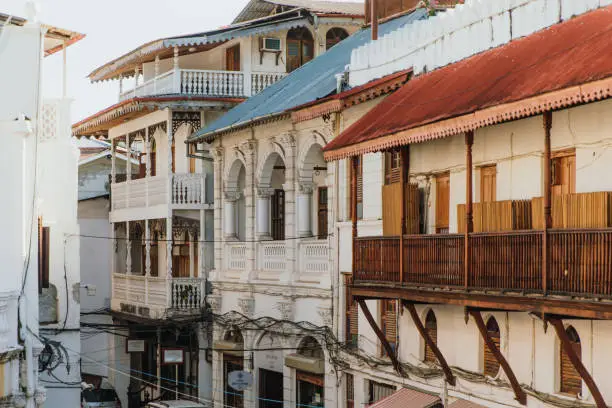View of the old buildings exterior in the center of Stone Town, East Africa