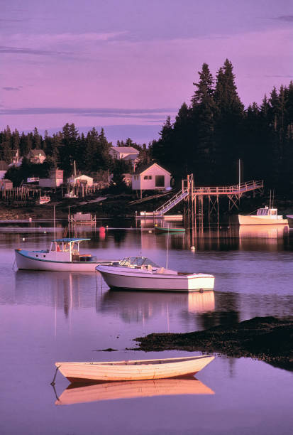 colores suaves del crepúsculo capturados en el pueblo pesquero de port clyde maine - pemaquid maine fotografías e imágenes de stock