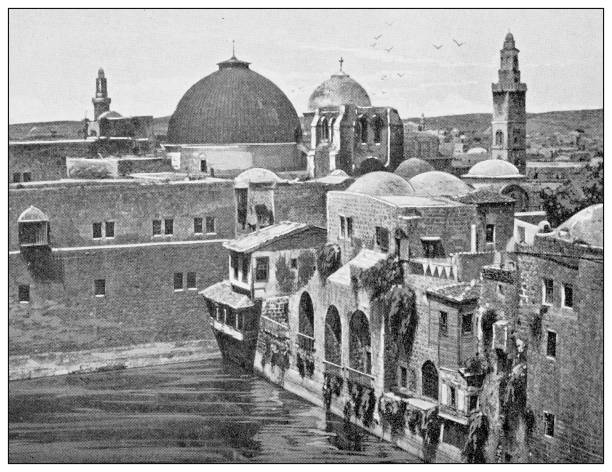 antyczne fotografie z podróży jerozolimy i okolic: sadzawka ezechiasza - jerusalem middle east architecture jerusalem old city stock illustrations