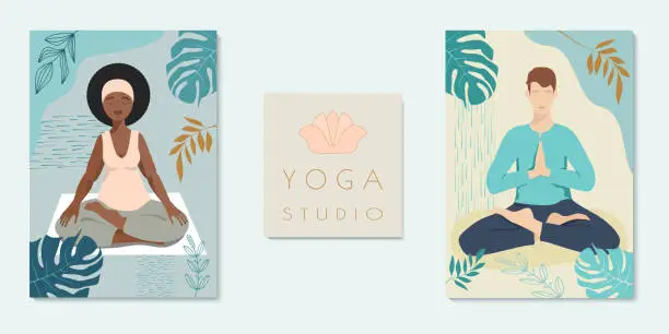 Vector illustration of People practicing lotus asana. Yoga studio poster.