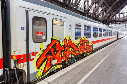 Athens, Greece. 02 November 2019: An obsolete metro train in Athens, Greece, covered with graffiti, in a station