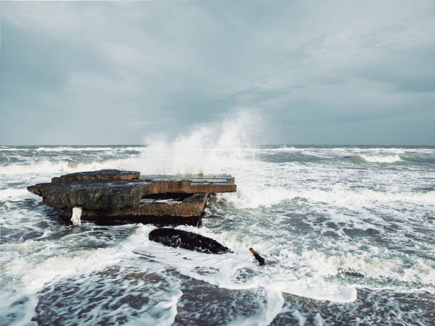 istock Storm spray wave and coast rocks on cloudy sky background 1368614899