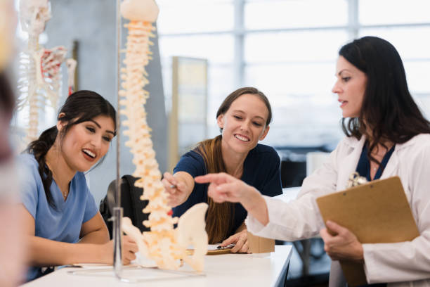 istock Teacher helps female nursing students understand human spine model 1368615535