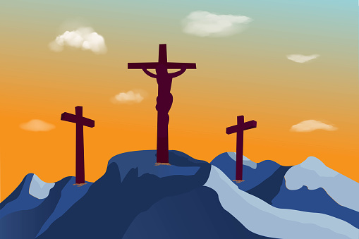Ilustración de Paisaje Vectorial De Temática Religiosa Para La Religión Cristiana Resucita El Domingo De Resurrección Ilustración Del Calvario De Montaña Y Silueta De Tres Cruces Y Jesucristo Colgando En Cruz Al Ilustración de Paisaje Vectorial De Temática Religiosa Para La Religión Cristiana Resucita El Domingo De Resurrección Ilustración Del Calvario De Montaña Y Silueta De Tres Cruces Y Jesucristo Colgando En Cruz Al