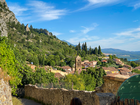 view of the village of Moustiers Sainte Marie in the Verdon valley, France
