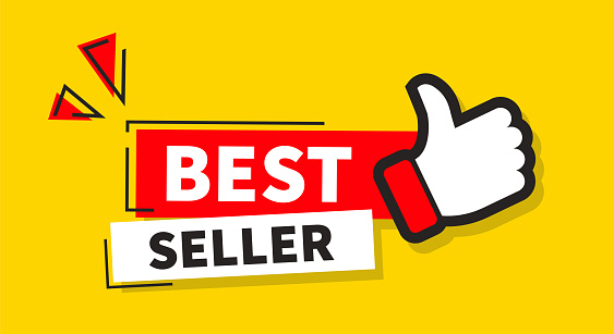 red and white vector banner best seller on yellow background with thumbs up.