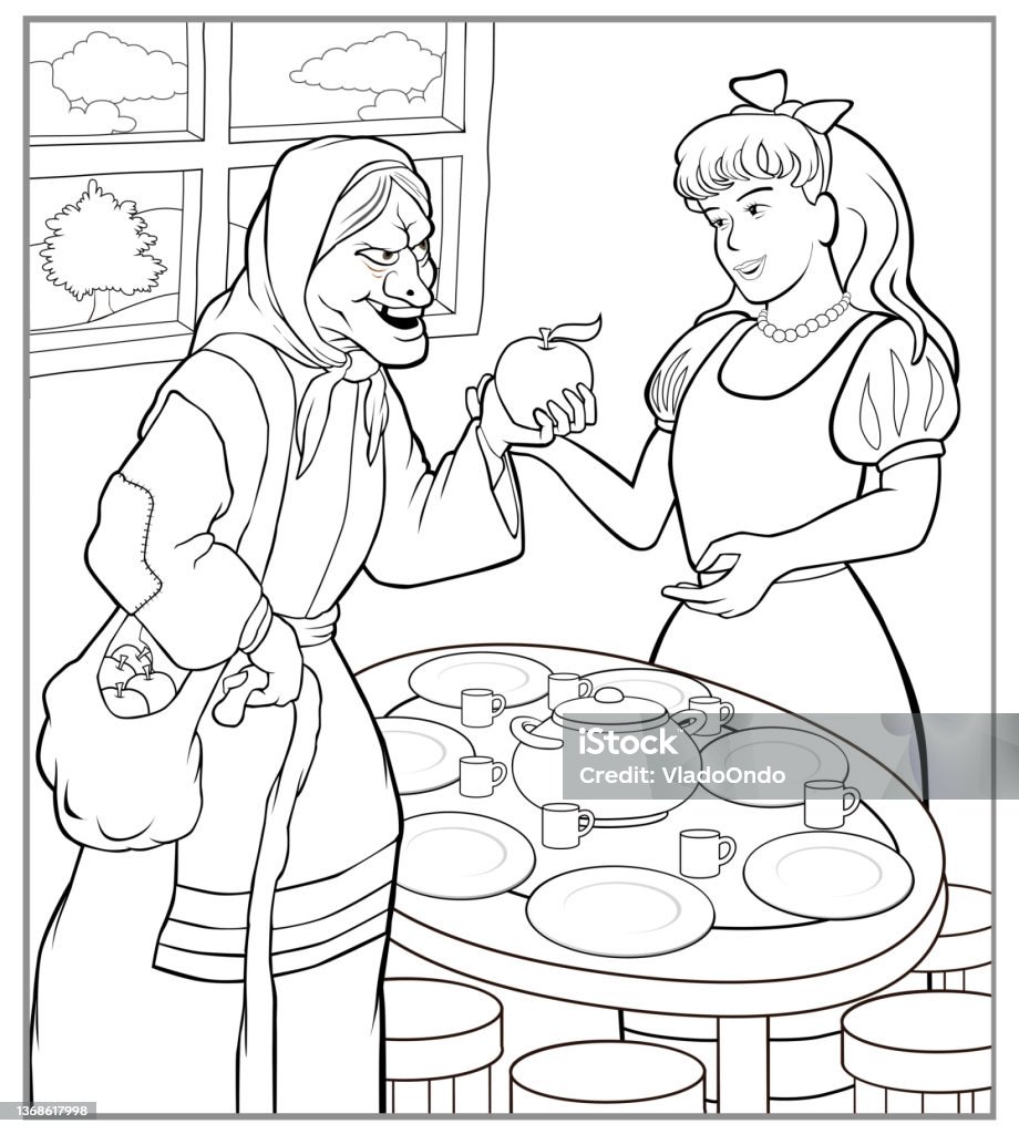 Bạch Tuyết Và Phù Thủy Già Với Táo Sách Tô Màu Hình minh họa Sẵn ...