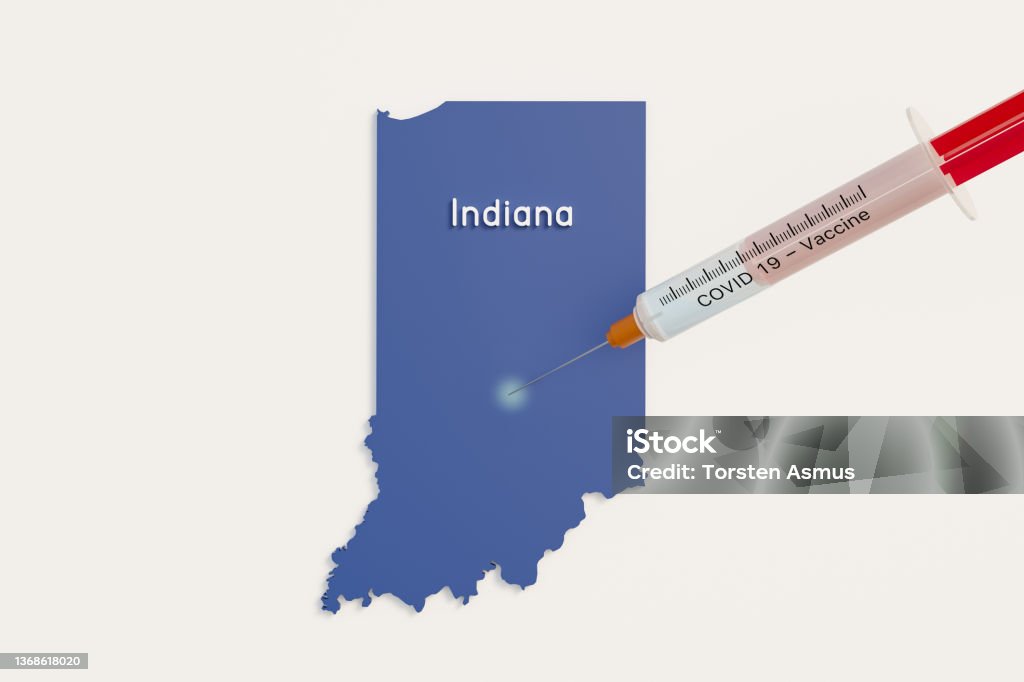 US state Indiana and a COVID 19 syringe as symbol for vaccination of people in the state Indiana. SARS-CoV-2 and COVID 19 pandemic concept. 3D illustration Anti-vaccination Stock Photo